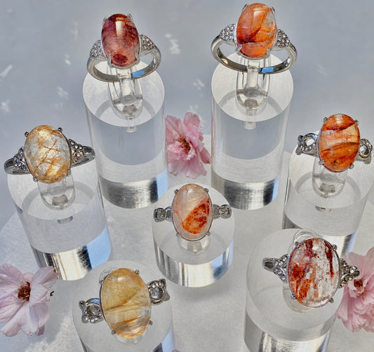 Wholesale Lot 7 pcs Natural Hematoid (Fire Quartz) Stainless Steel Ring 10x14mm