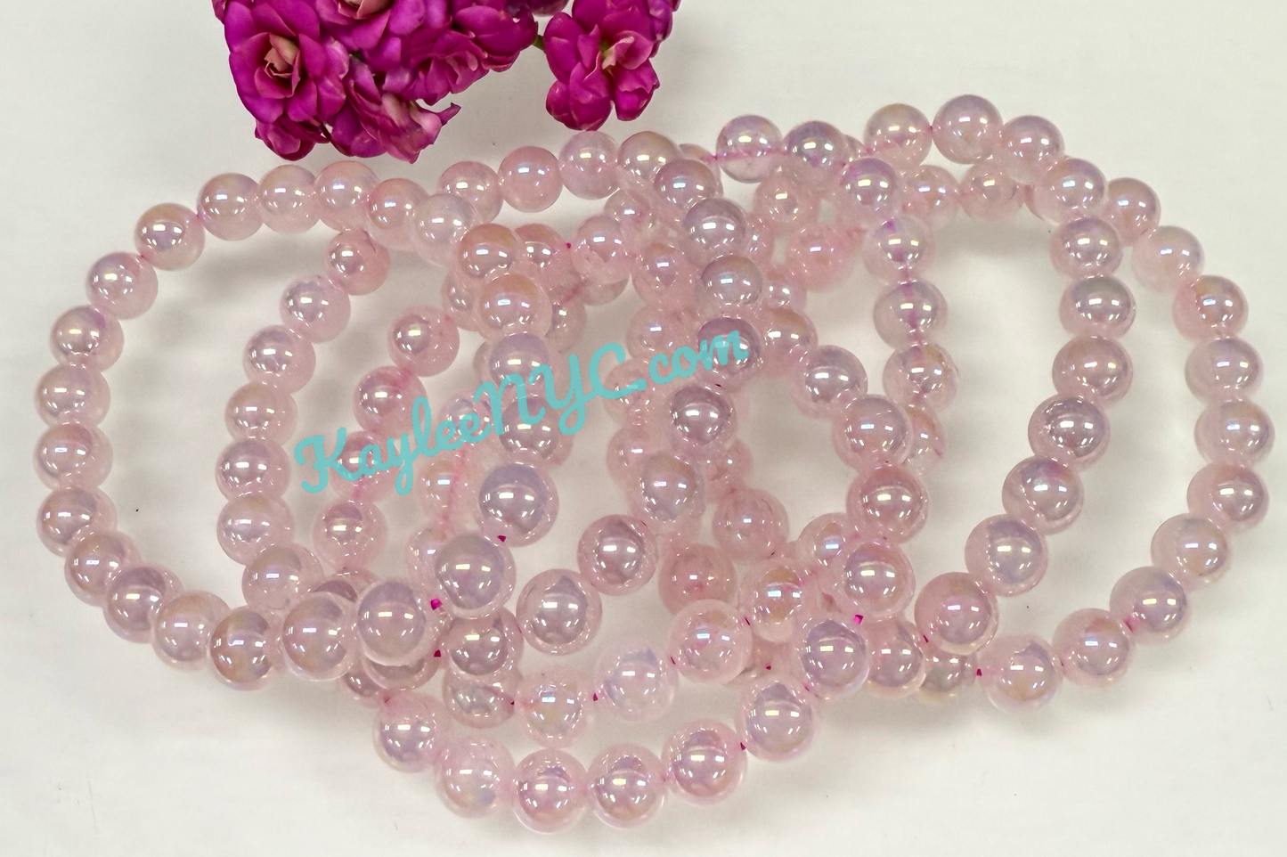 Wholesale 6 Pcs Aura Rose Quartz 8mm 7.5” Crystal Healing Stretch Bracelet