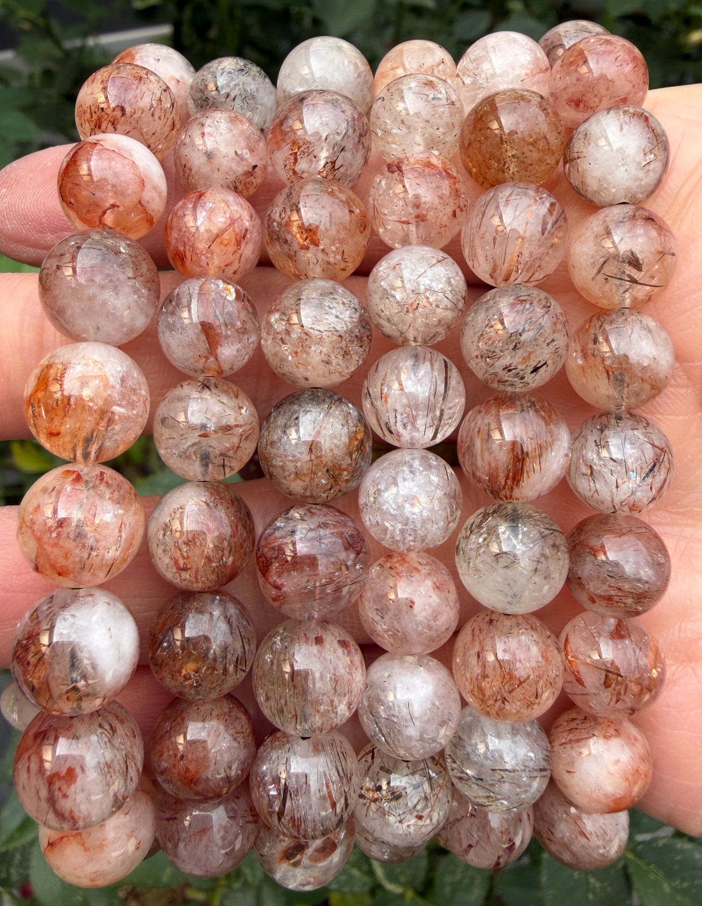 6 PCs 10-11.5mm Natural Rutilated Quartz Crystal Stretch Bracelet 8”