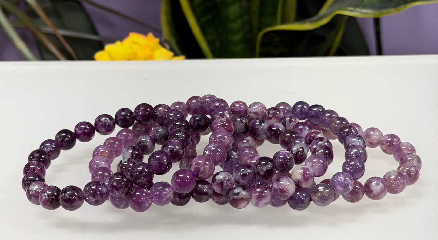 6 PCs Natural Lepidolite Mica 8-9.8mm 7.5” Stretch Bracelet