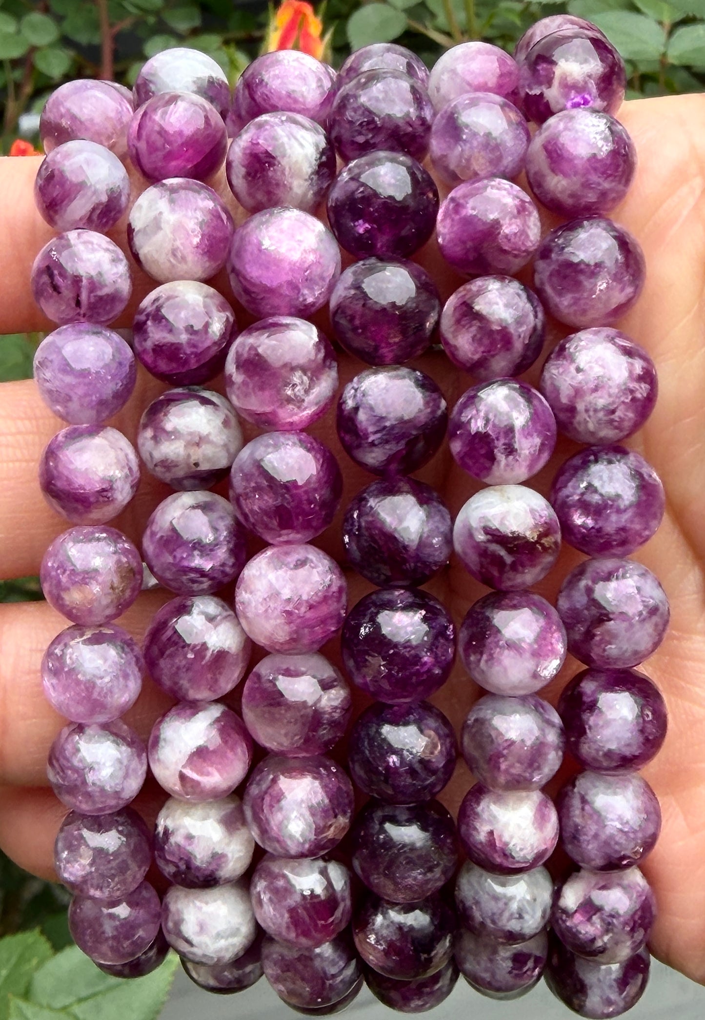 6 PCs Natural Lepidolite Mica 8-9.8mm 7.5” Stretch Bracelet