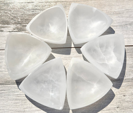 6 PCs large Natural Selenite aka Satin Spar Triangle Bowl ~10cm