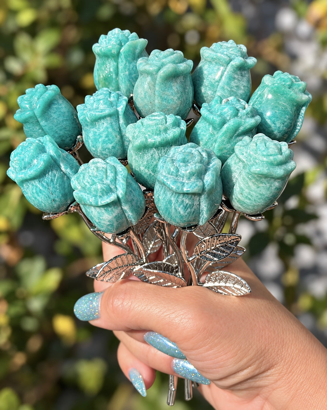 12 PCs Amazonite Rose with Rhodium Metal Stem Natural Crystal Healing Energy
