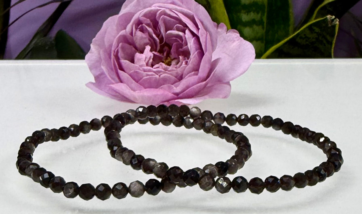 Wholesale Lot 6 Pcs Natural Faceted Silver Sheen Obsidian 4mm 7.5” Crystal Healing Stretch Bracelet