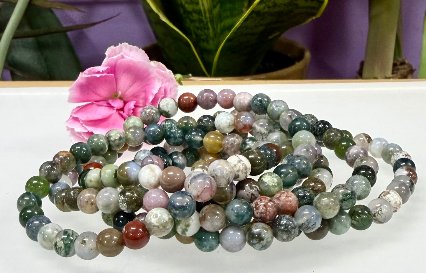 Wholesale 6 Pcs Natural Indian Moss Agate 6mm 7.5” Crystal Healing Stretch Bracelet