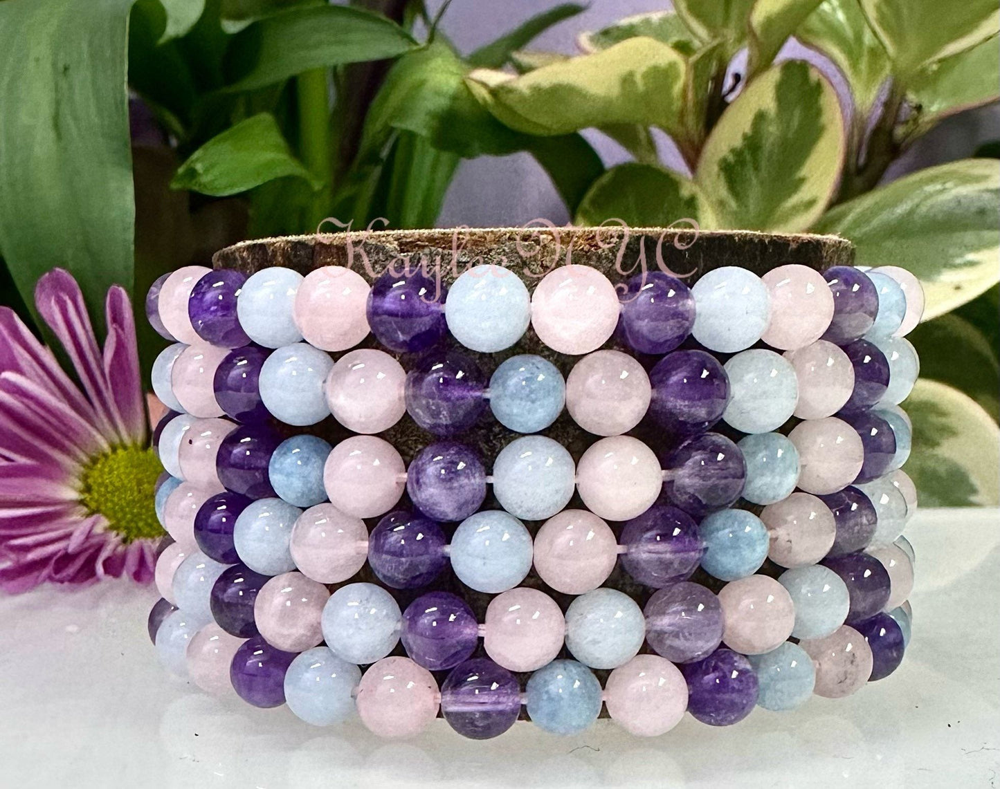 Wholesale 6 Pcs Natural Crystal Bracelet 6mm 7.5” Stretch Bracelet Crystal, Amethyst, Rose Quartz, and Aquamarine.