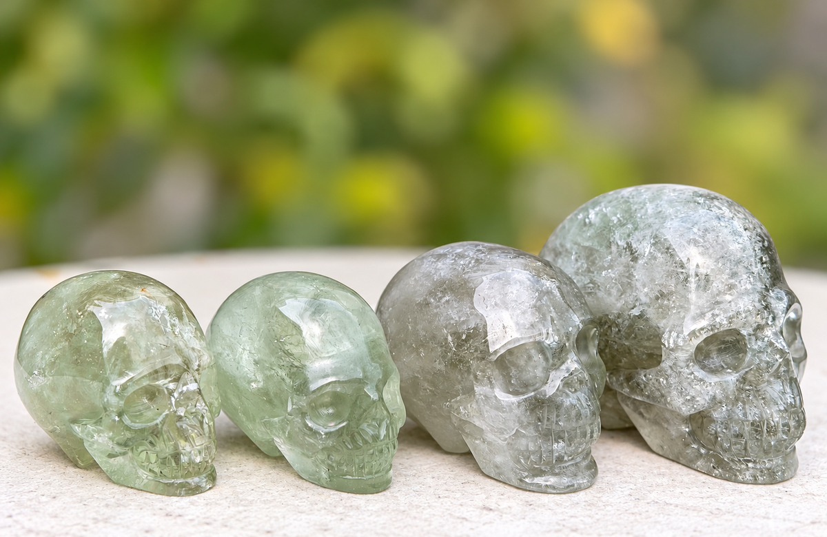 4 pcs Prasiolite Green Amethyst Skull Crystals Healing Energy