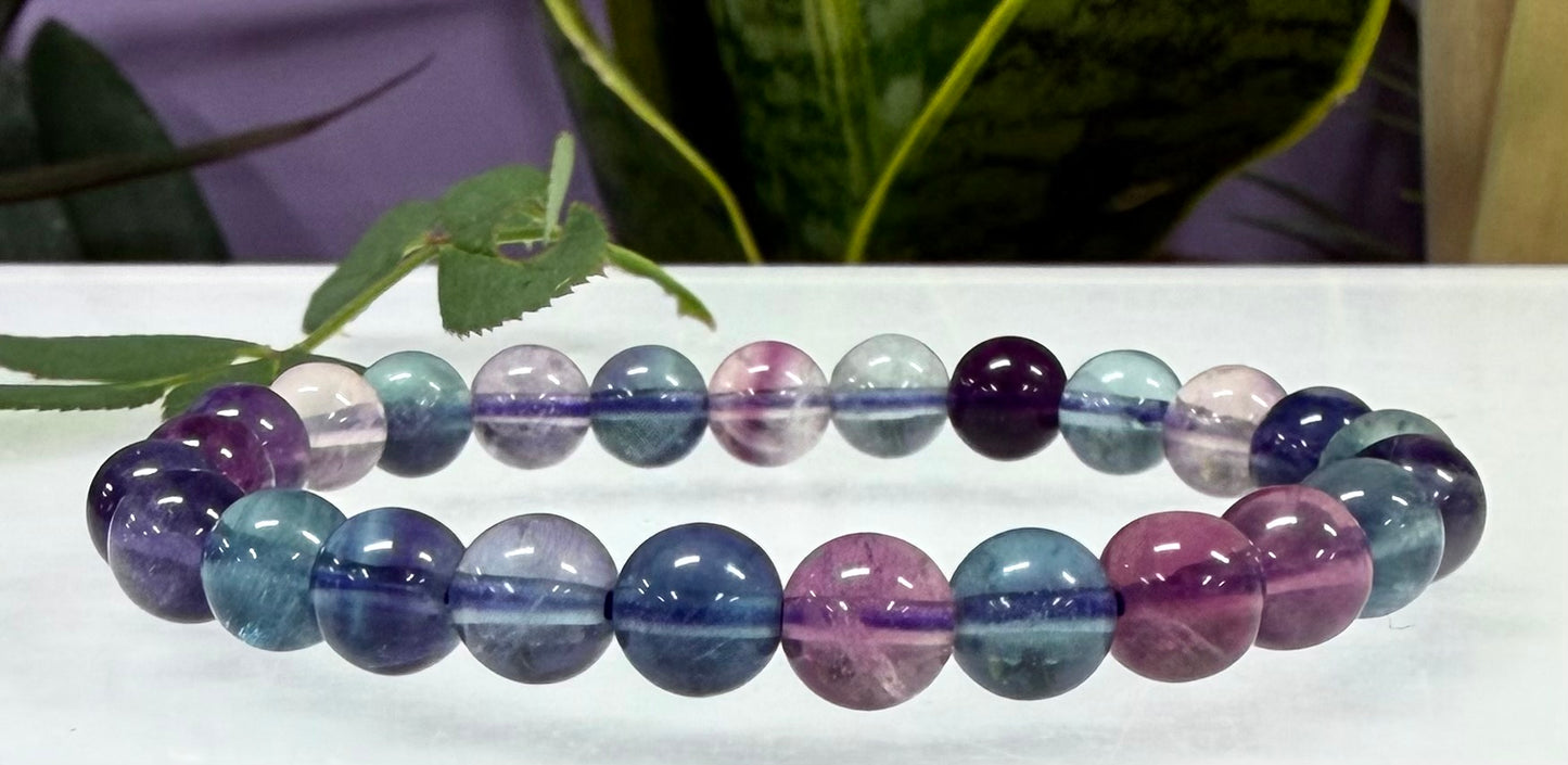 6 PCs 8mm Natural Rainbow Fluorite Stretch Bracelet 7.5”