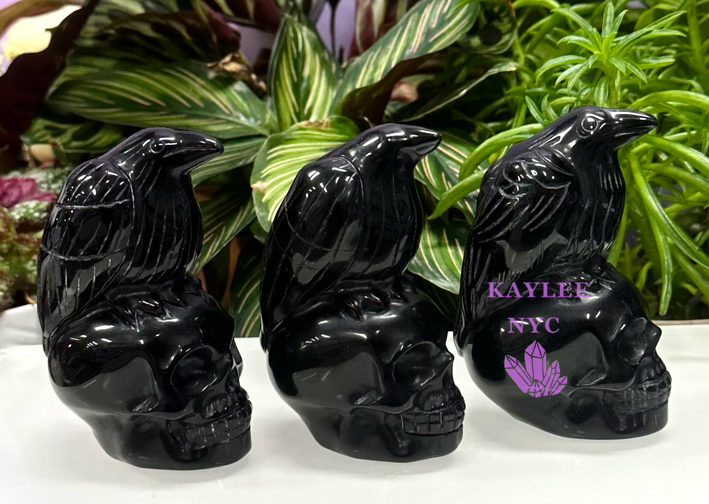 3 PCs Natural Black Obsidian Crow Skull