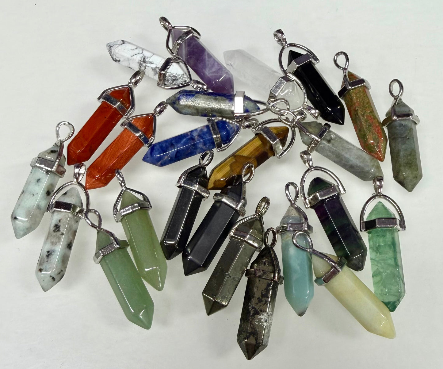 Wholesale Lot 24 Pcs Natural Crystal Point Pendant – Mixed Stones – Rhodium Plated