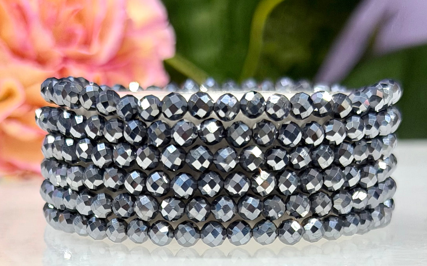 6 PCs 4mm Natural Faceted Terahertz Stretch Bracelet 7.5”