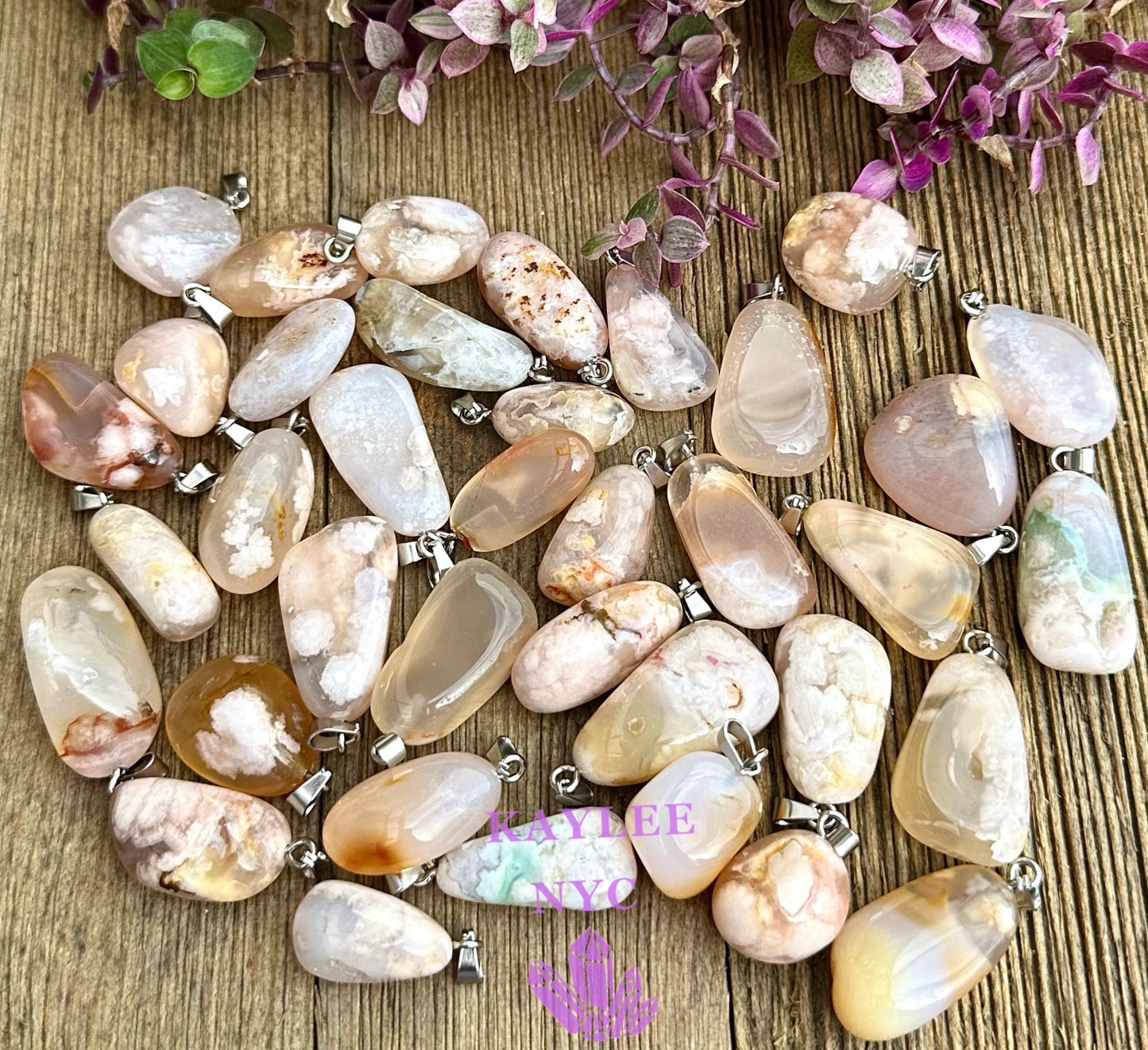 36 PCs Natural Flower Agate Crystal Pendant