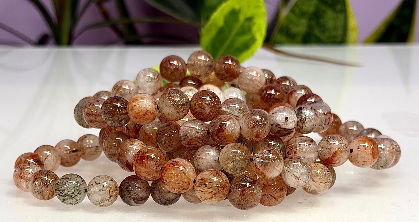 6 PCs 10-11.5mm Natural Rutilated Quartz Crystal Stretch Bracelet 8”