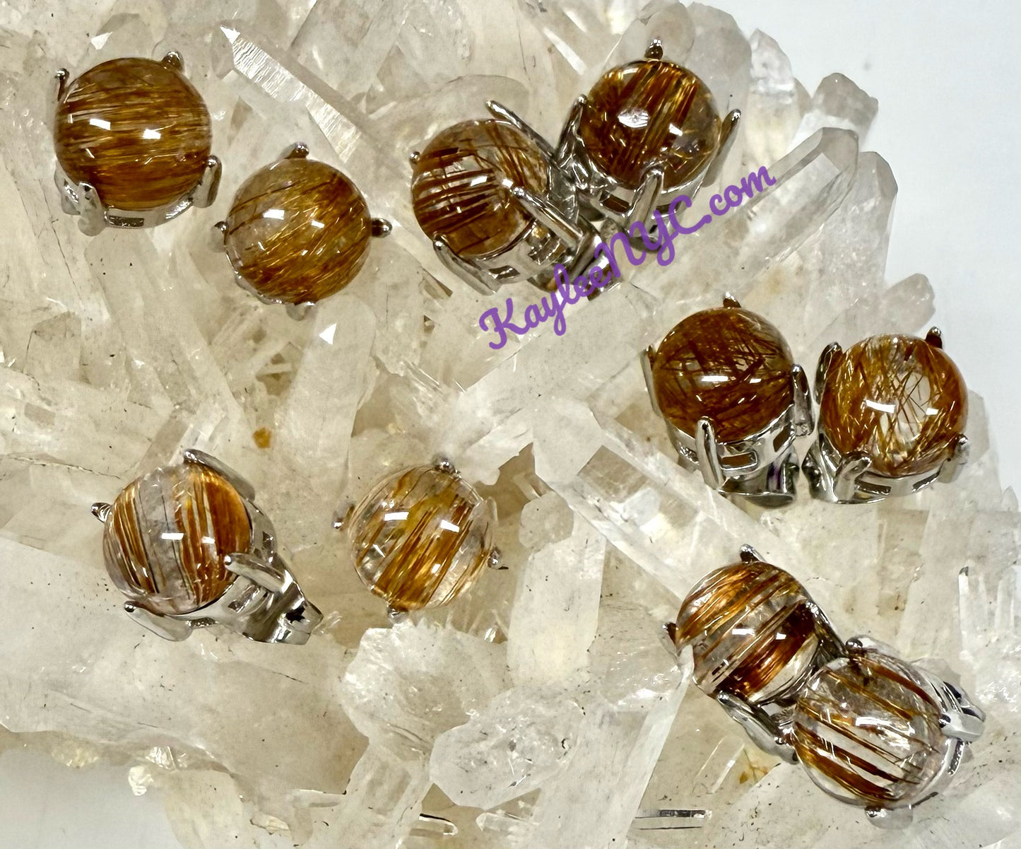 Wholesale Lot 5 Pairs Natural Rutilated Quartz Sterling Silver(925) Earring Studs 7mm round