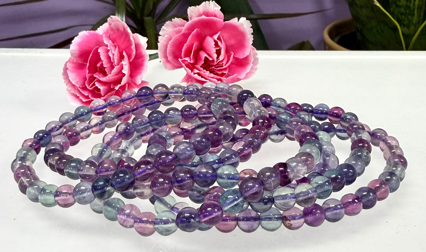 Wholesale 6 Pcs Natural Rainbow Fluorite 6mm 7.5” Crystal Healing Stretch Bracelet