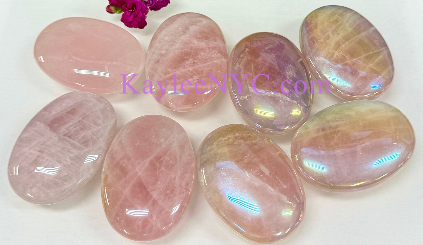 Wholesale Lot 8 pcs Rose Quartz & Aura Rose Quartz Crystal Palm Stone Healing Energy