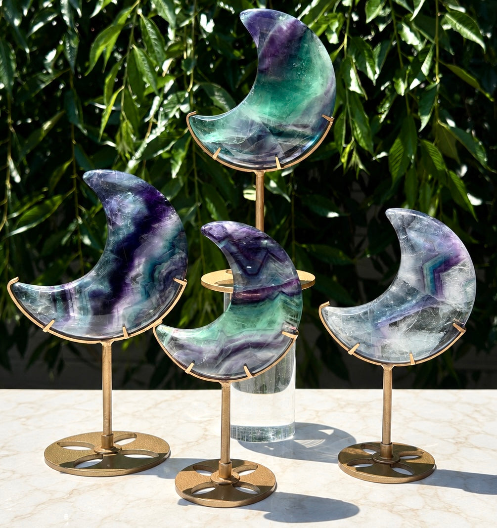 Wholesale Lot 4 PCs Natural Rainbow Fluorite Moon w/stand Healing Energy