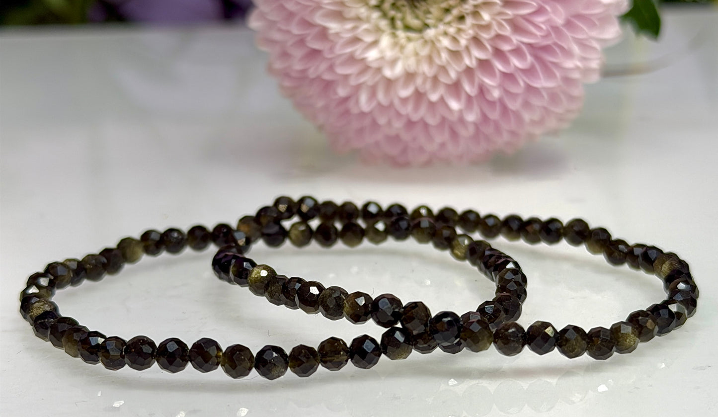 Wholesale Lot 6 Pcs Natural Faceted Gold Sheen Obsidian 4mm 7.5” Crystal Healing Stretch Bracelet