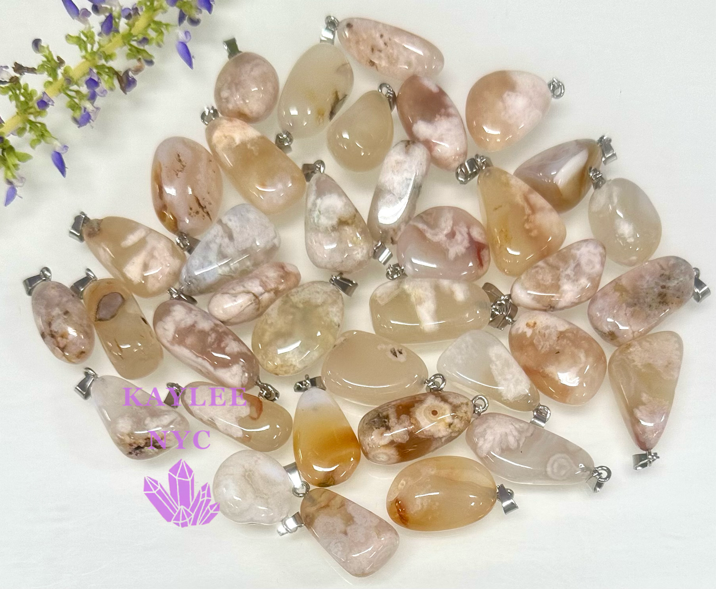 36 PCs Natural Flower Agate Crystal Pendant