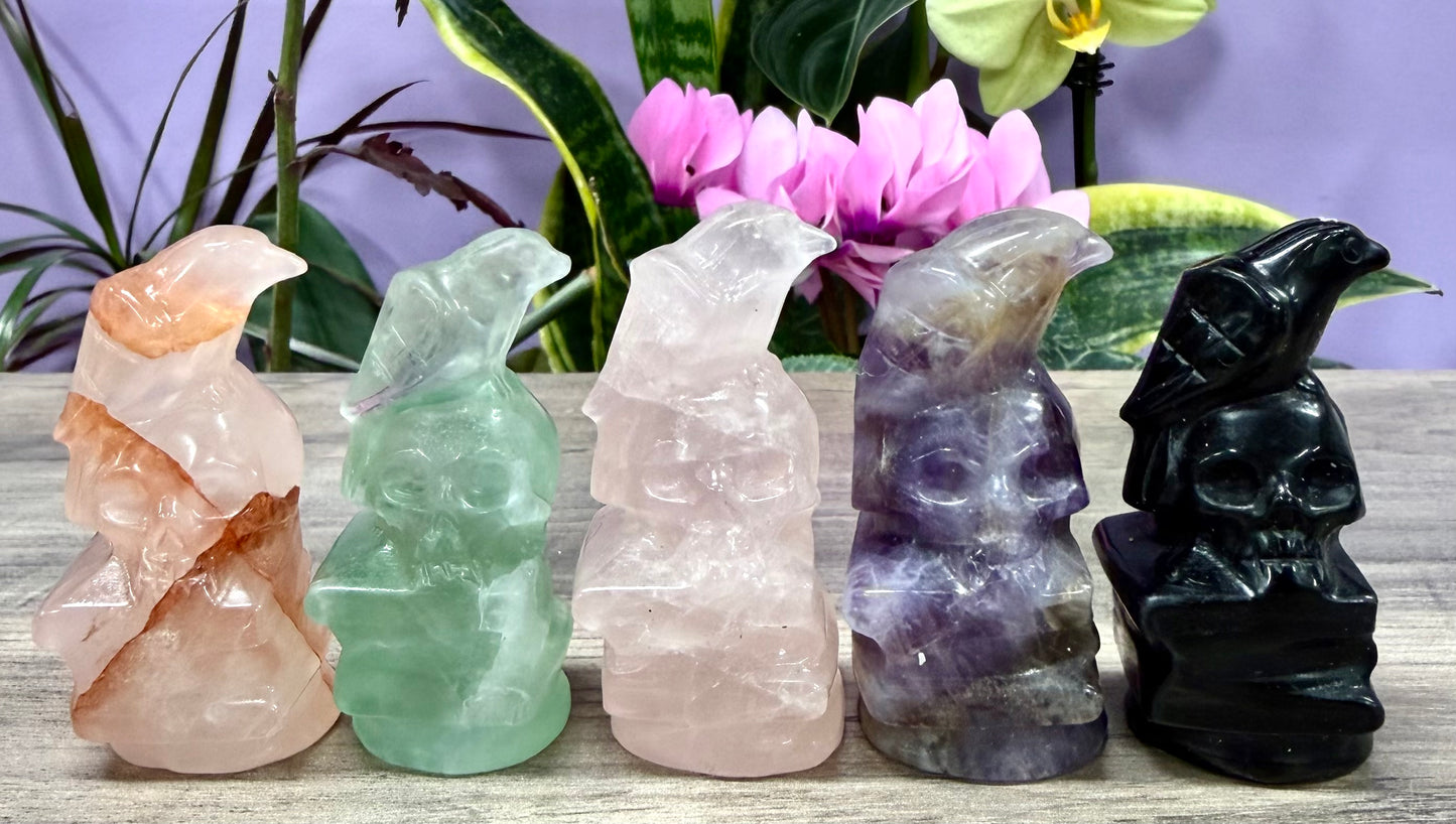 3 PCs Natural Crystal Skull with Crow