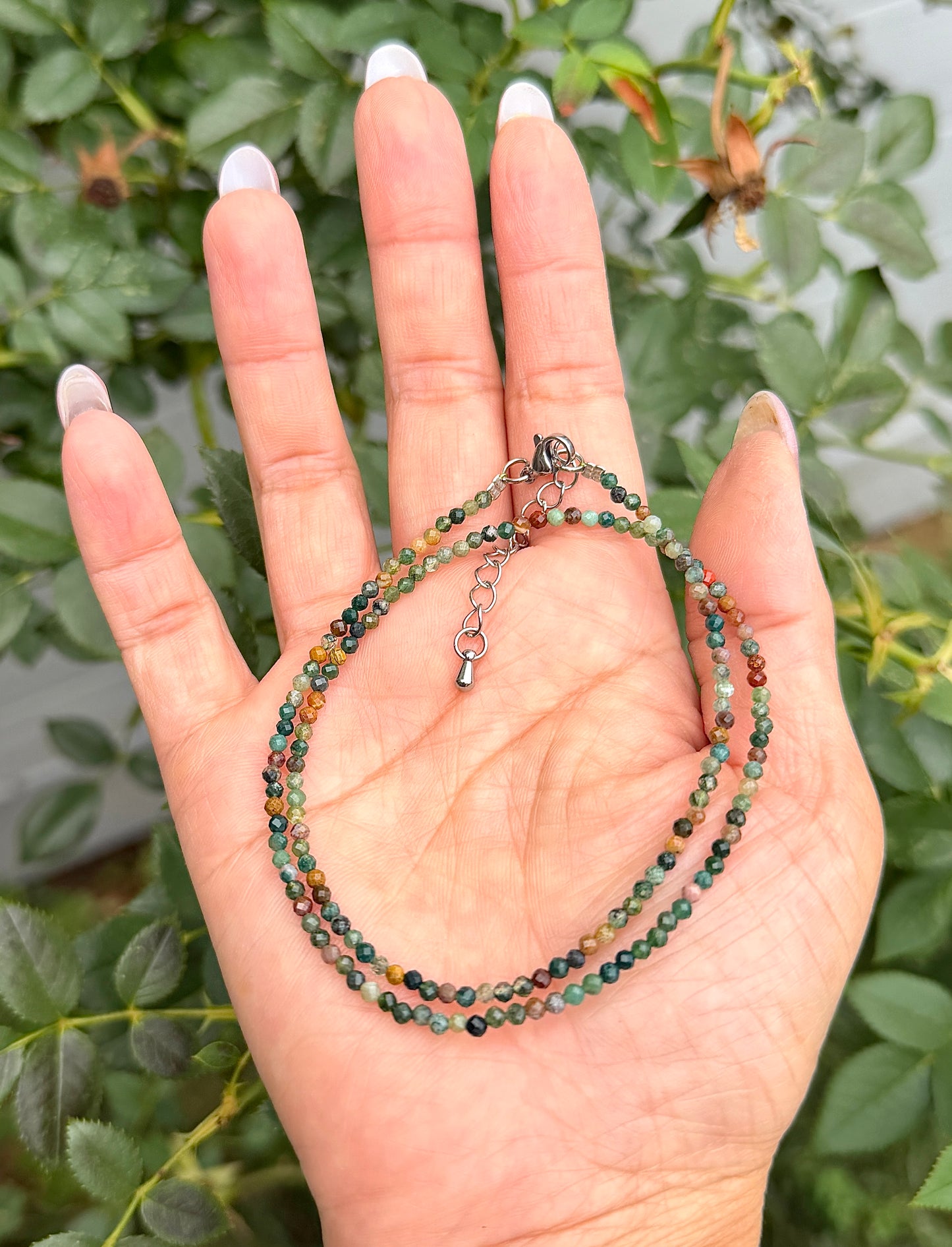 6 PCs 2mm Faceted Indian Moss Agate Necklace Stainless Steel Findings