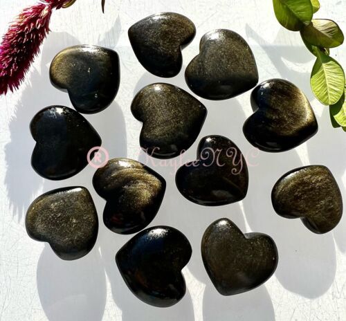 Wholesale Lot 12 Pcs Natural Gold Sheen Obsidian Hearts Healing Energy