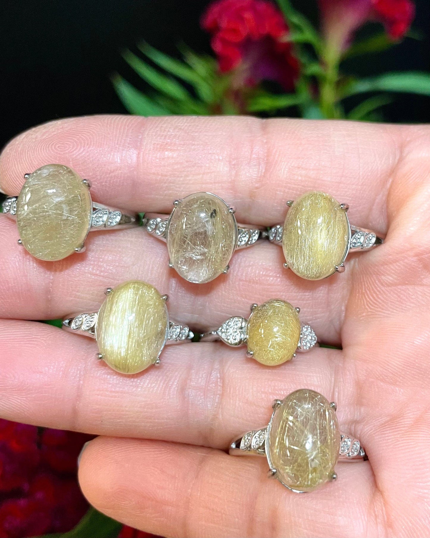 Wholesale Lot 6 pcs Natural Gold Rutilated Quartz Ring White Bronze