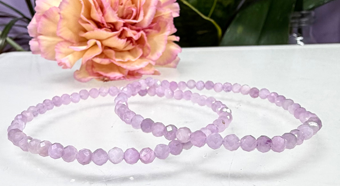 6 PCs 4mm Natural Kunzite Faceted Stretch Bracelet 7.5”