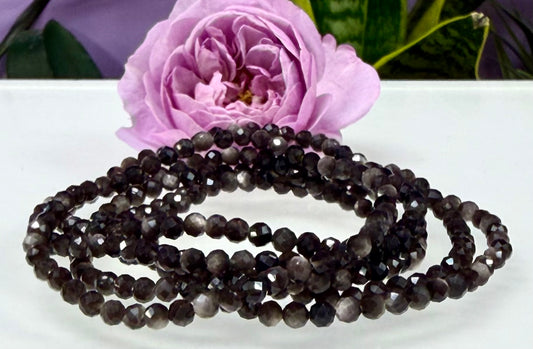 Wholesale Lot 6 Pcs Natural Faceted Silver Sheen Obsidian 4mm 7.5” Crystal Healing Stretch Bracelet