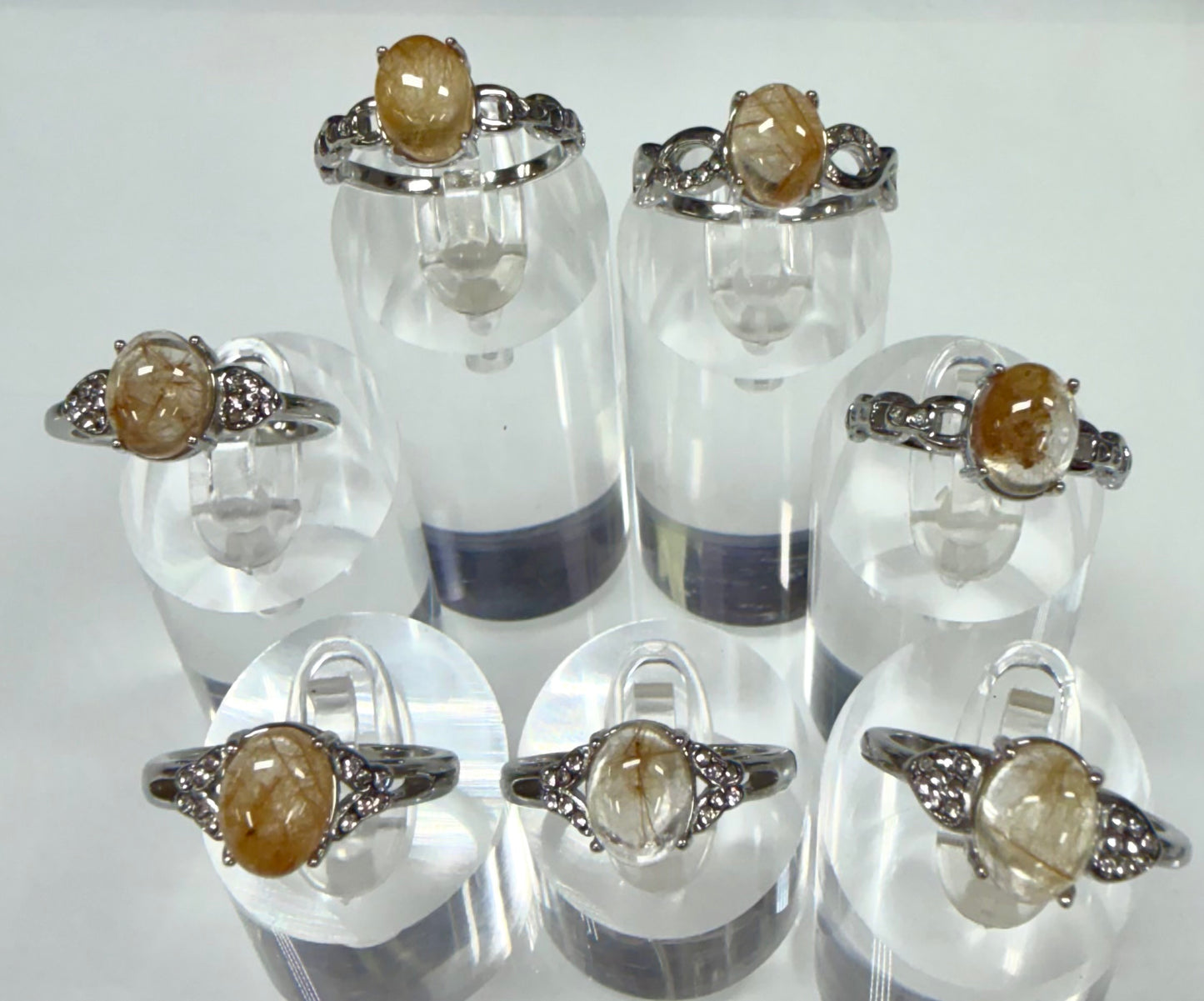 Wholesale Lot 7 pcs Natural Gold Rutilated Quartz Stainless Steel Ring 7x9mm