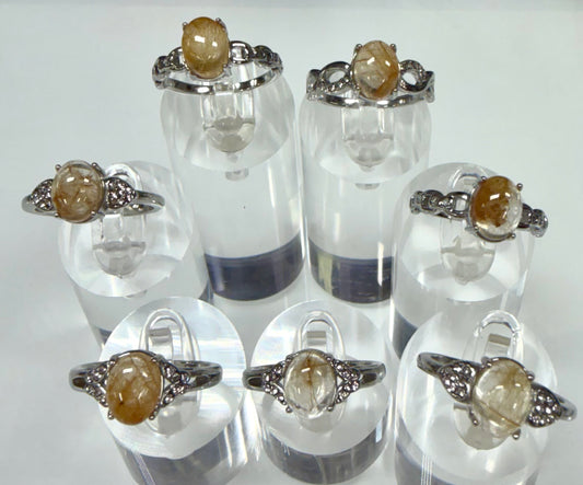 Wholesale Lot 7 pcs Natural Gold Rutilated Quartz Stainless Steel Ring 7x9mm
