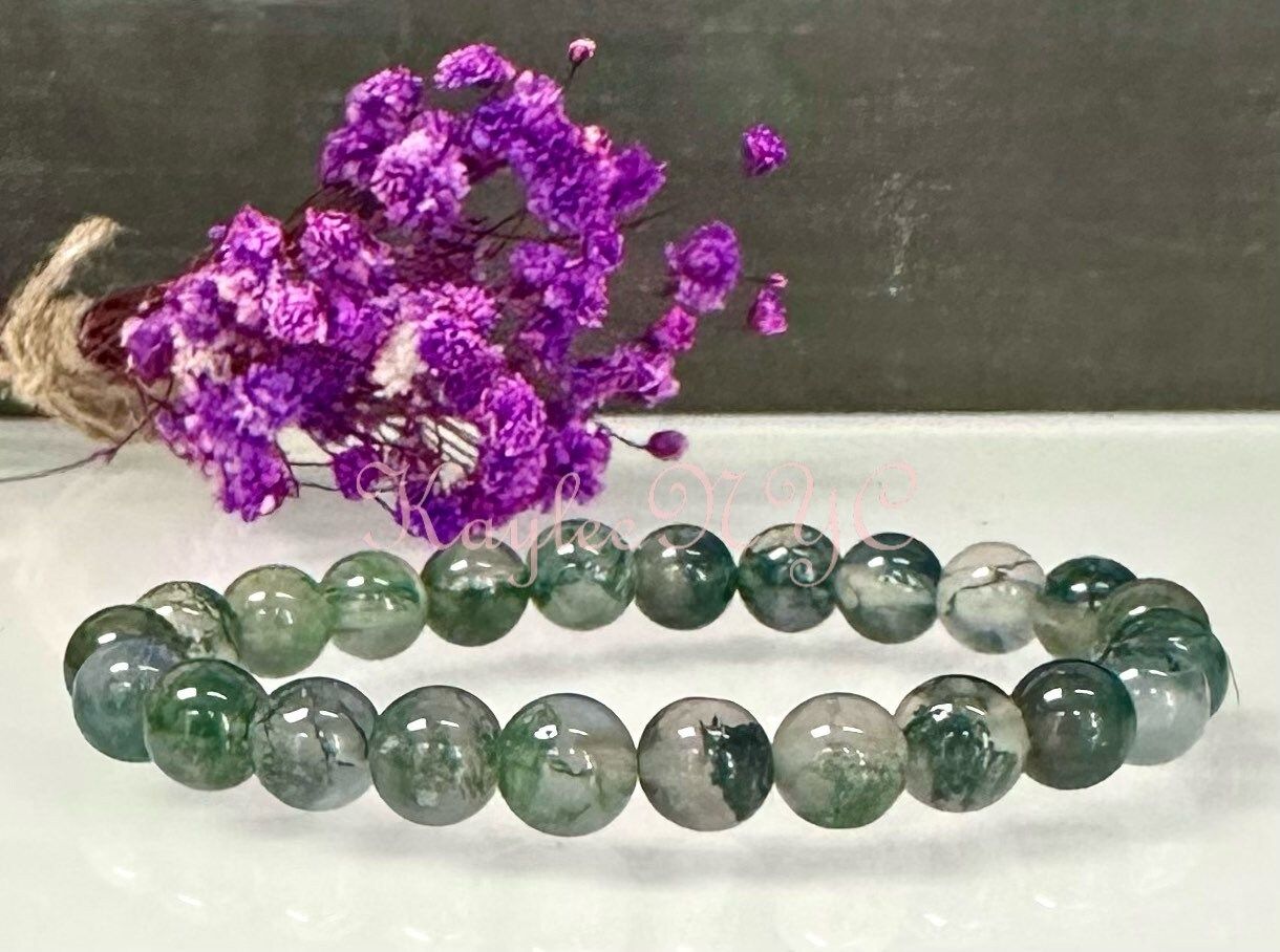 Wholesale Lot 6 Pcs Moss Agate 8mm 7.5” Crystal Healing Stretch Bracelet