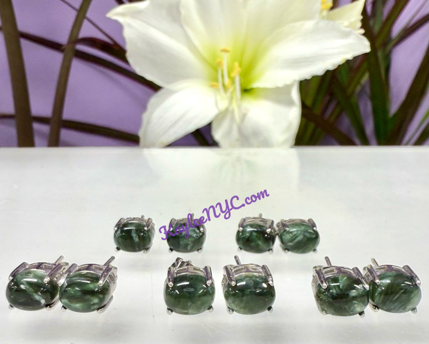 Wholesale Lot 5 Pairs Natural Seraphinite Sterling Silver(925) Earring Studs 6x8mm