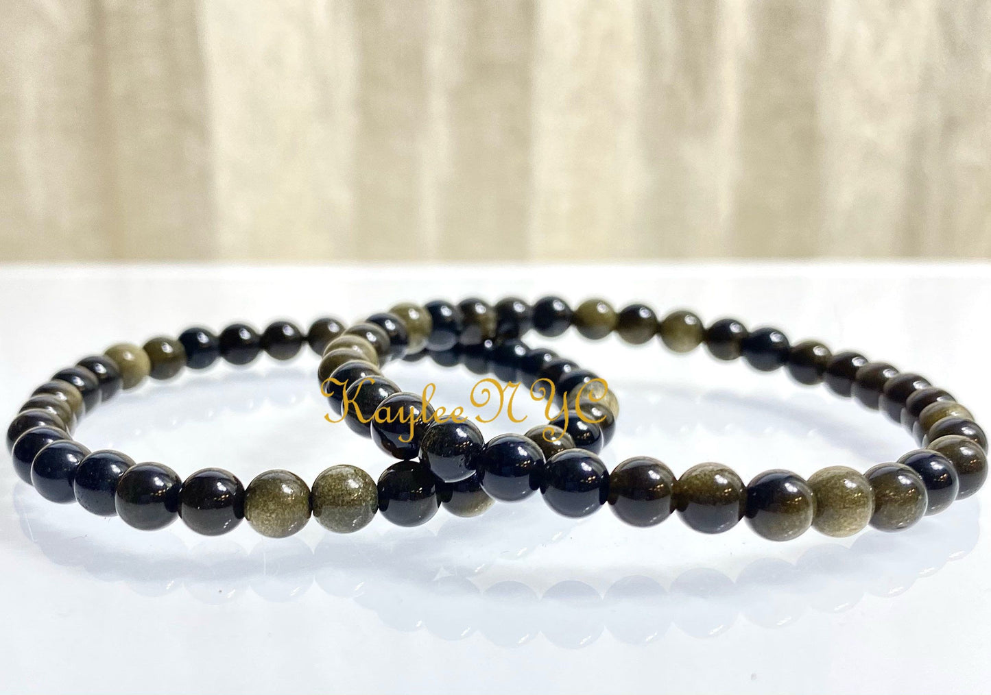 Wholesale Lot 6 Pcs Gold Sheen Black obsidian 6mm 7.5” Crystal Healing Stretch Bracelet