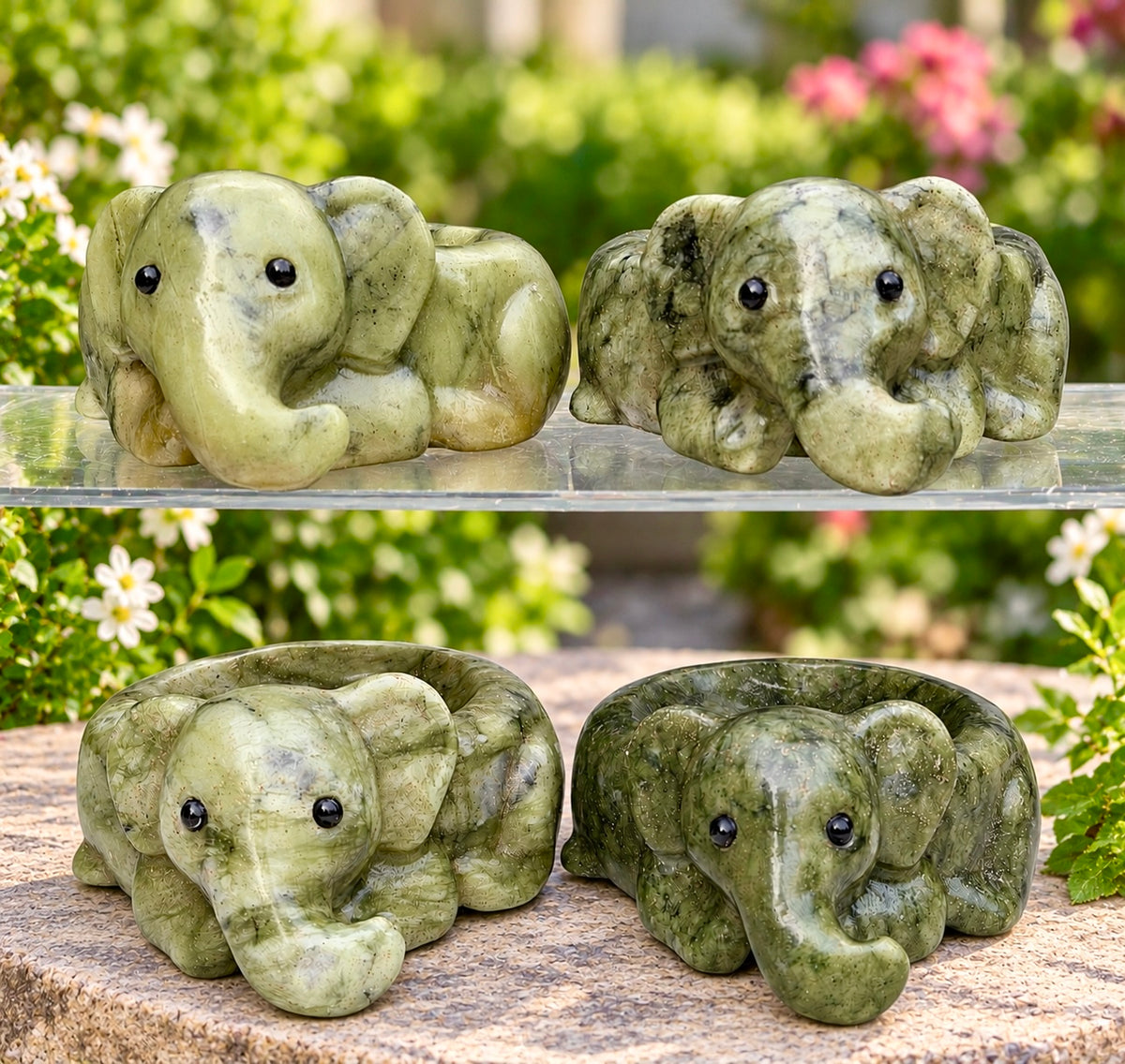 4 PCs Natural Nephrite Jade Bowl Crystal Elephant