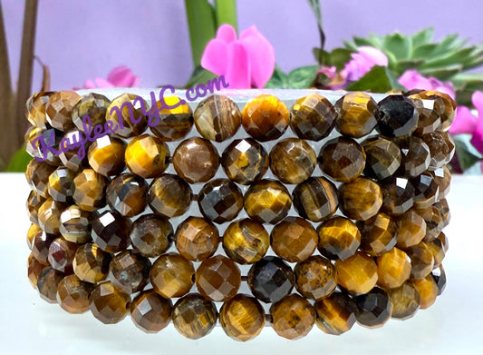 6 PCs Faceted Natural Tiger Eye 6mm 7.5” Stretch Bracelet