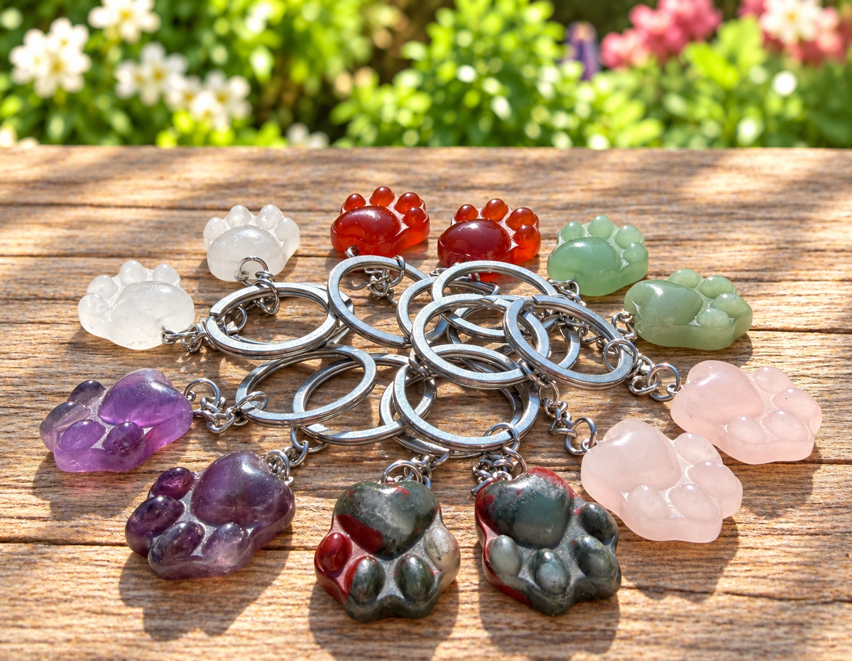 12 PCs Natural Mixed Crystals Dog Paw Print Keychain