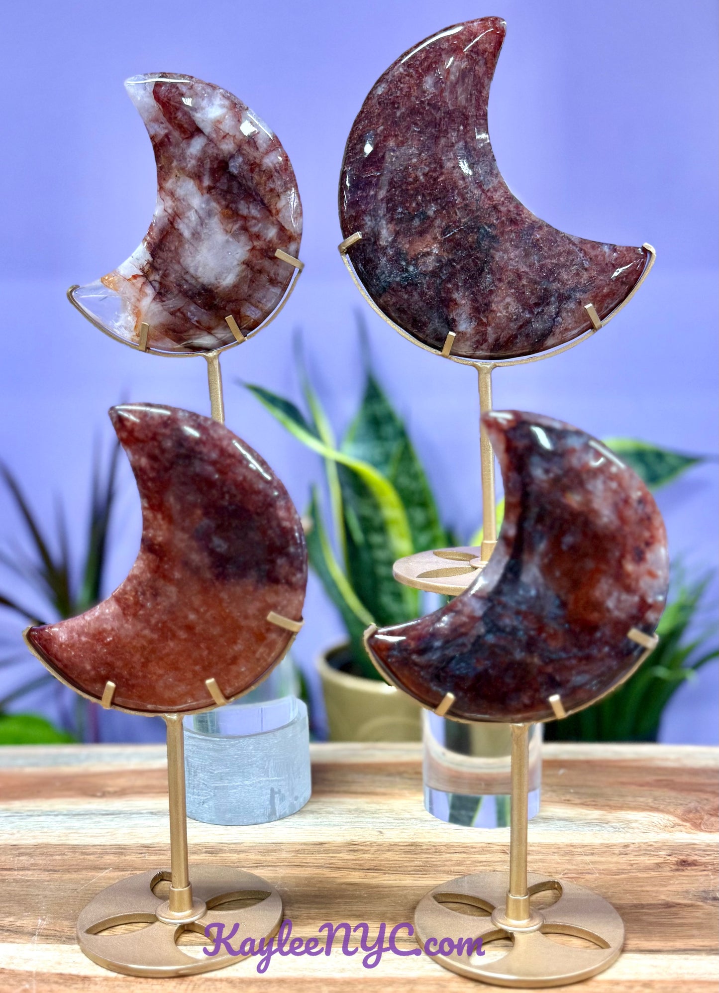 Wholesale Lot 3 PCs Natural Hematiod Fire Quartz Moon w/stand Healing Energy