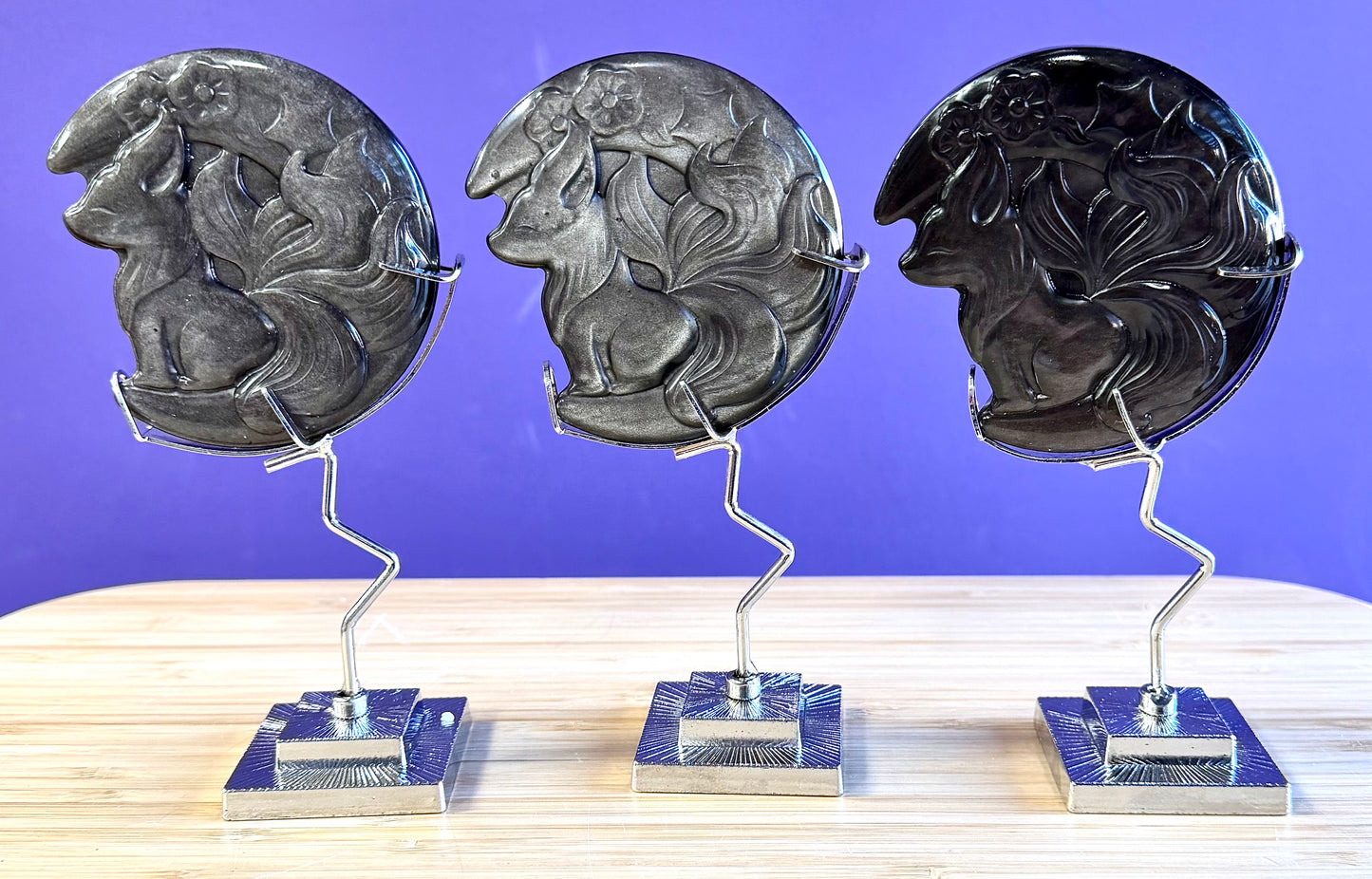 Wholesale Lot 3 PCs Silver Sheen Obsidian Foxes with stand Healing Energy