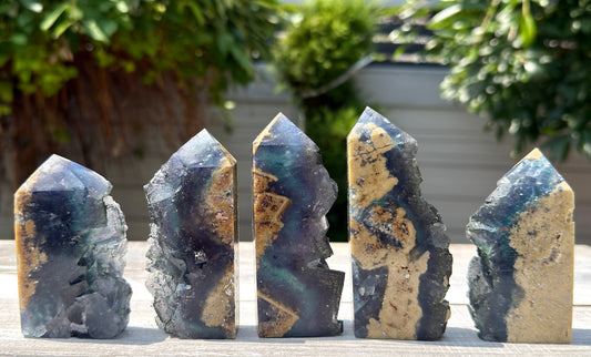 Wholesale 2 lbs Blue Cubic Fluorite with Pyrite Tower Natural Crystal Energy