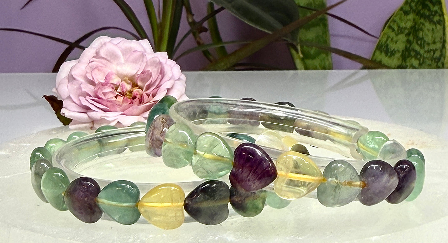 Wholesale 6 Pcs Natural Fluorite Heart 8mm 7.5” Crystal Healing Stretch Bracelet