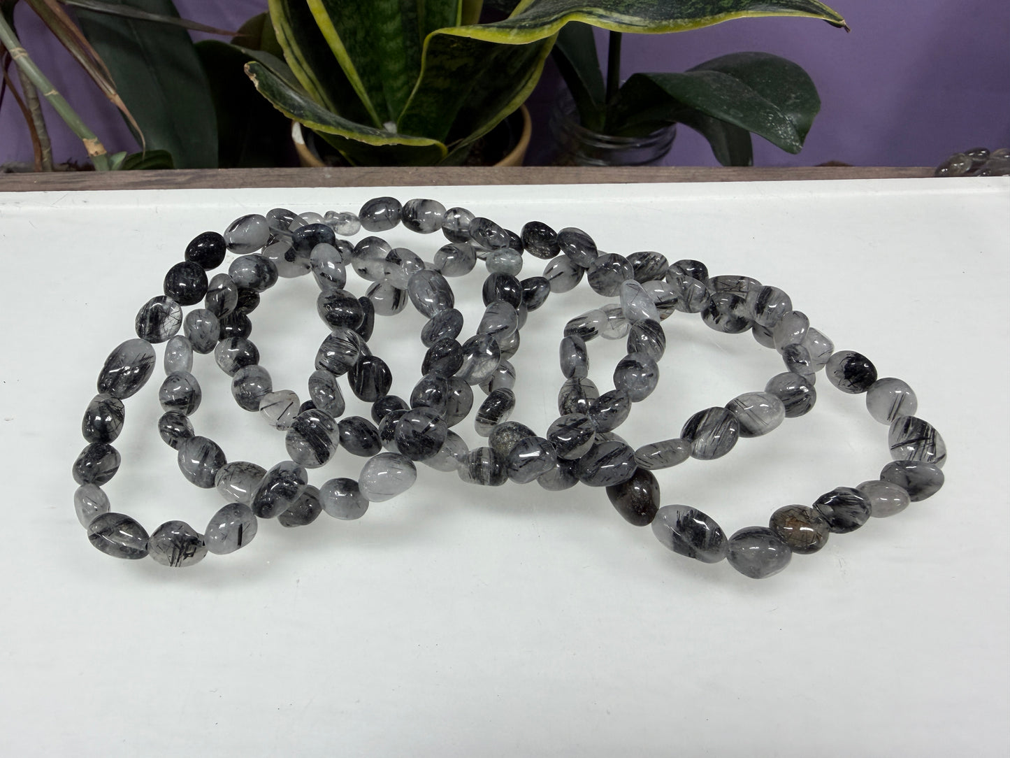 Wholesale 6 Pcs 8mm Tourmalinated Quartz Tumble Natural Crystal Healing Stretch Bracelet 7.5"
