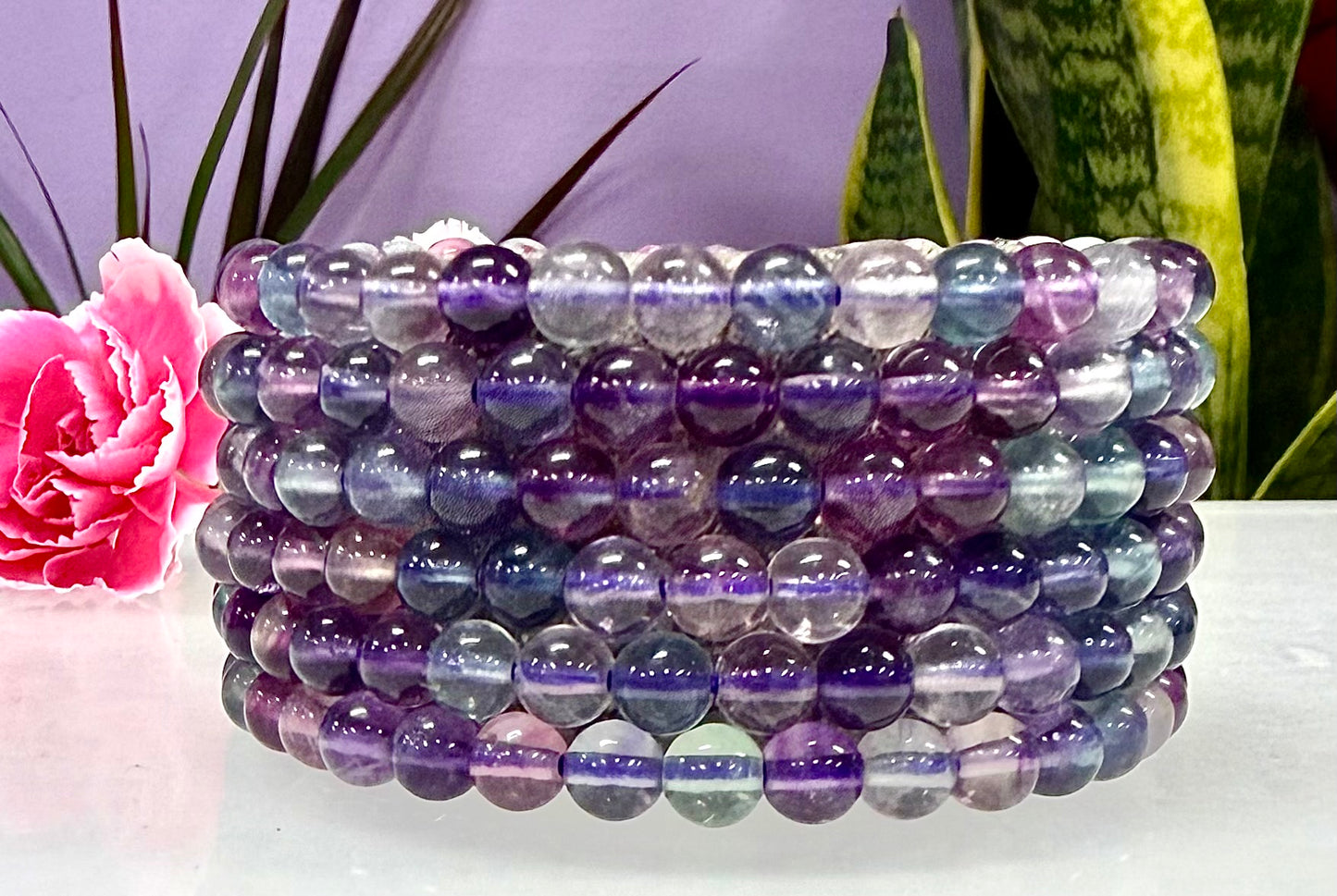 Wholesale 6 Pcs Natural Rainbow Fluorite 6mm 7.5” Crystal Healing Stretch Bracelet