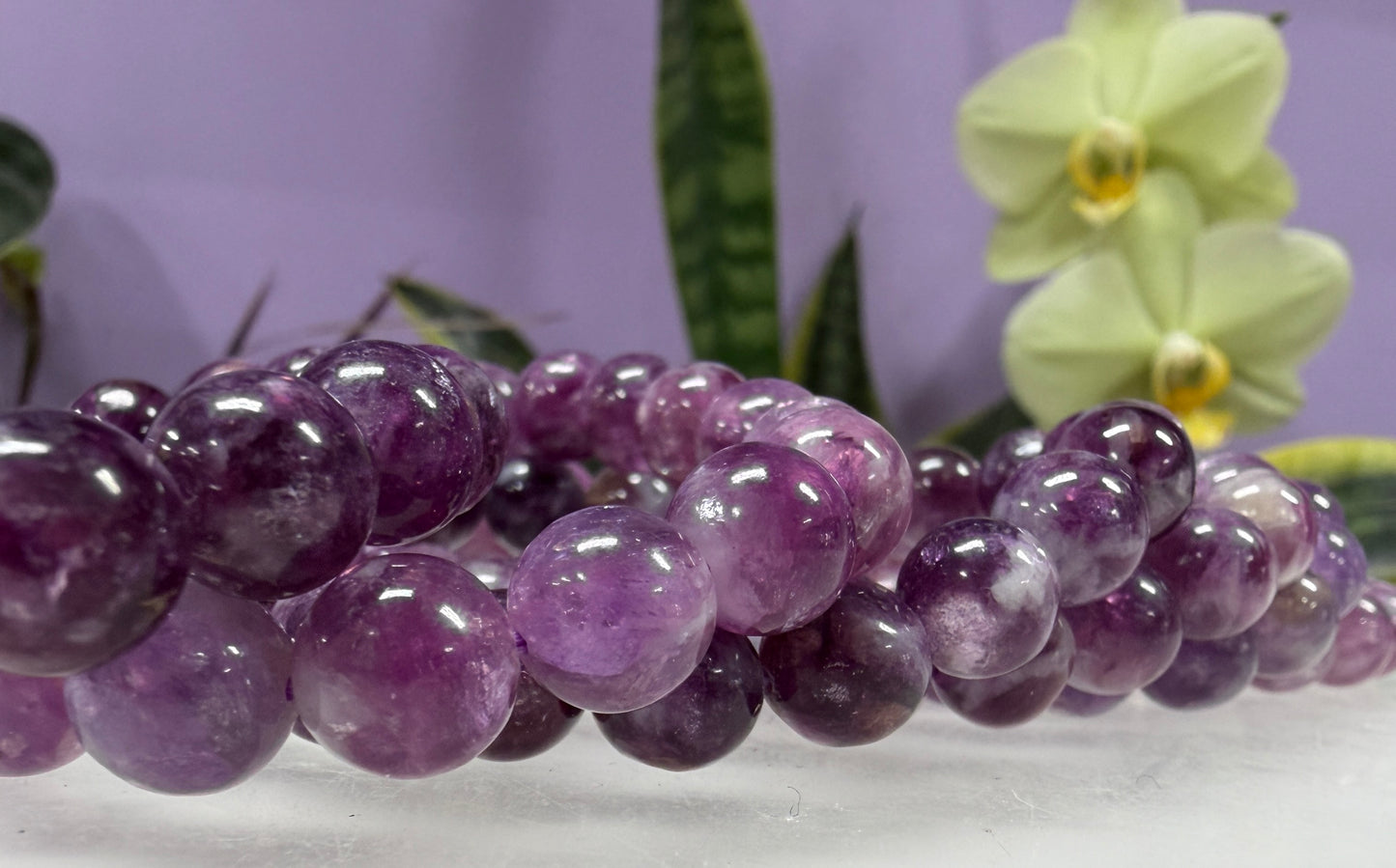 6 PCs Natural Lepidolite Mica 8-9.8mm 7.5” Stretch Bracelet