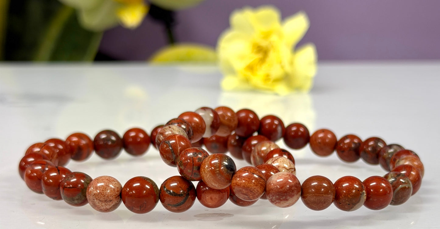 Wholesale 6 Pcs Natural Red Jasper 8mm 7.5” Crystal Healing Stretch Bracelet