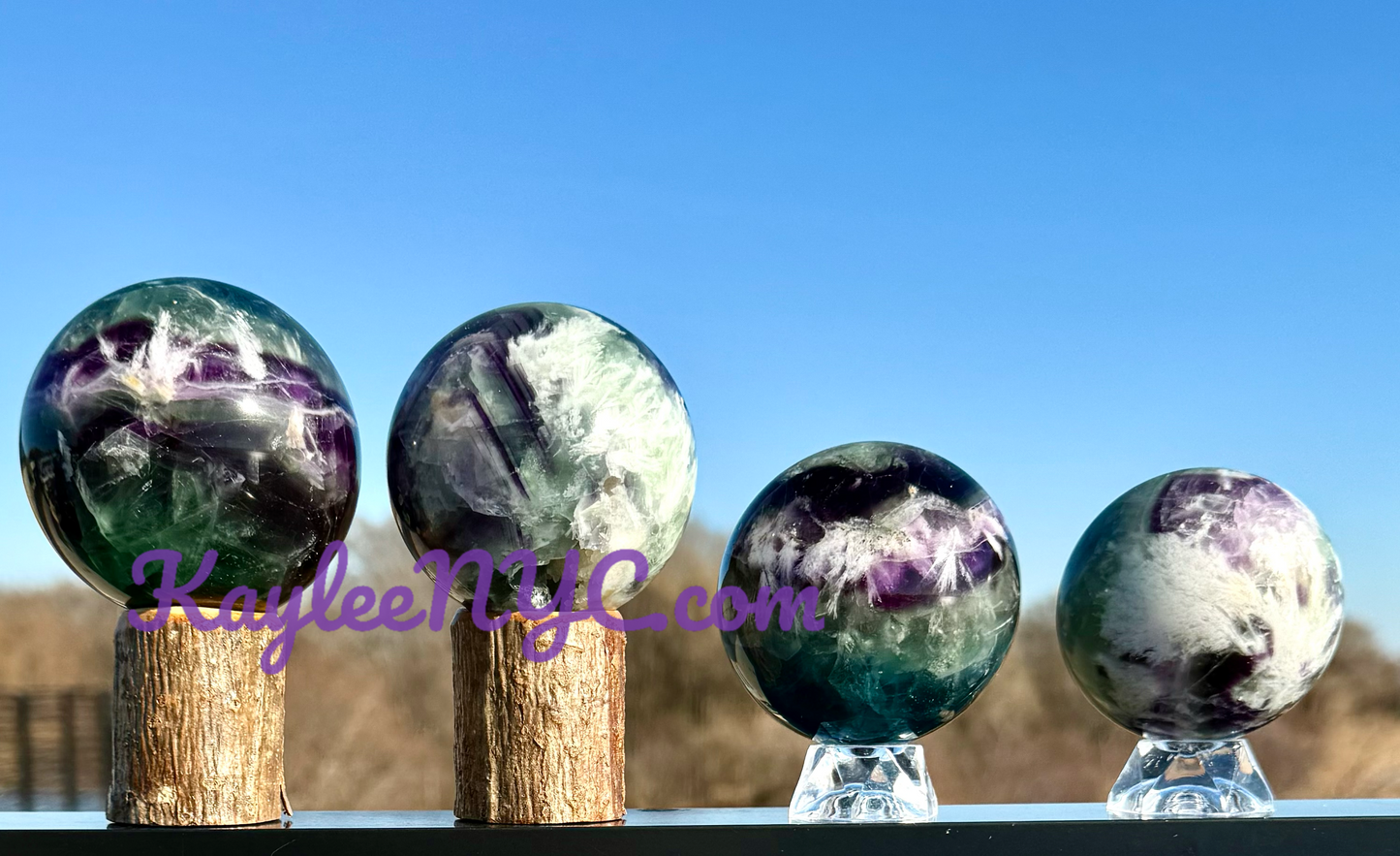 4 PCs Natural Feather Fluorite Sphere Crystals Healing Energy