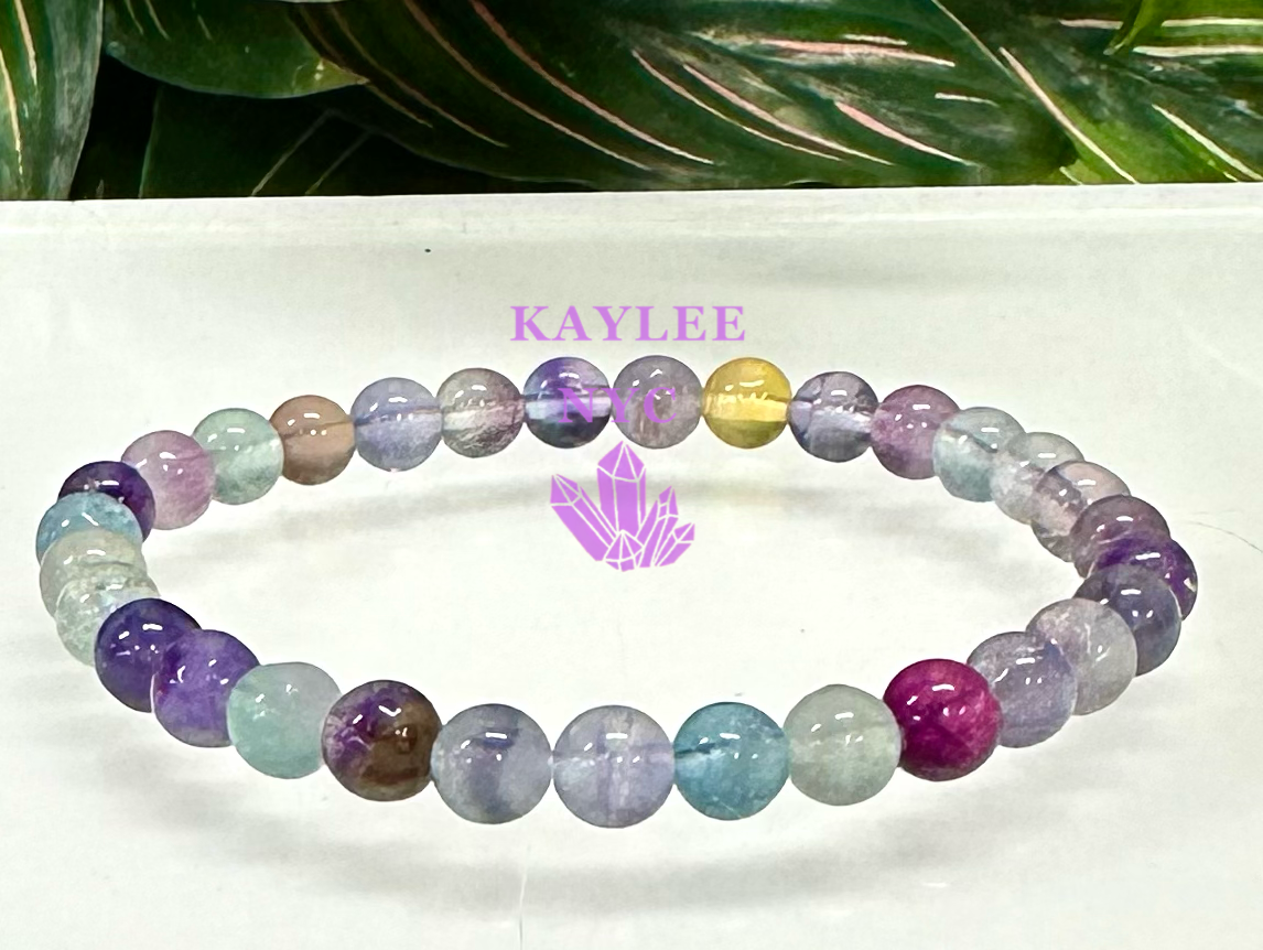 6 PCs 6mm Natural Rainbow Fluorite Stretch Bracelet 7.5”