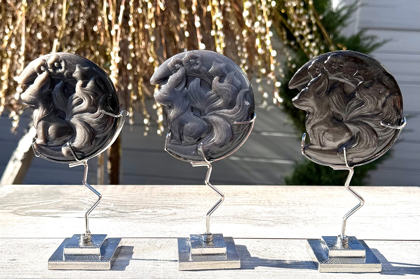 Wholesale Lot 3 PCs Silver Sheen Obsidian Foxes with stand Healing Energy