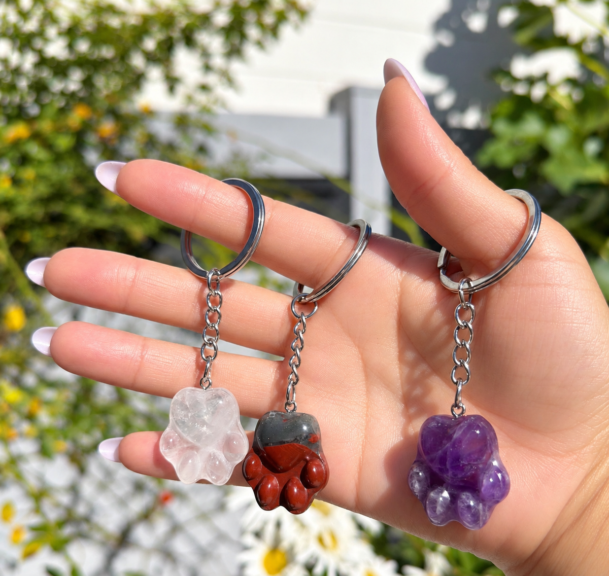 12 PCs Natural Mixed Crystals Dog Paw Print Keychain