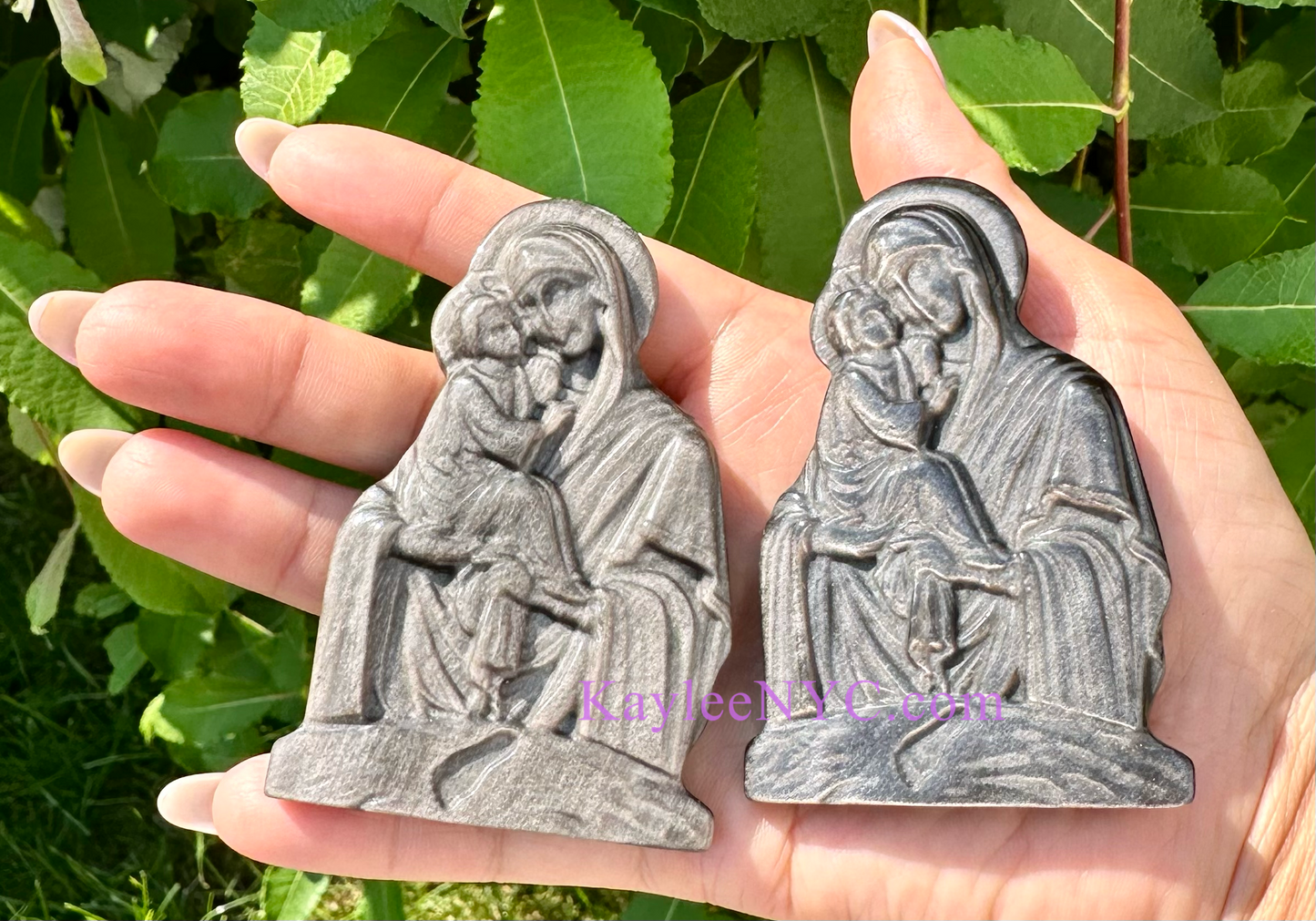 4 PCs 8 cm Natural Silver Sheen Obsidian Virgin Mary w Baby Jesus Crystals Healing Energy